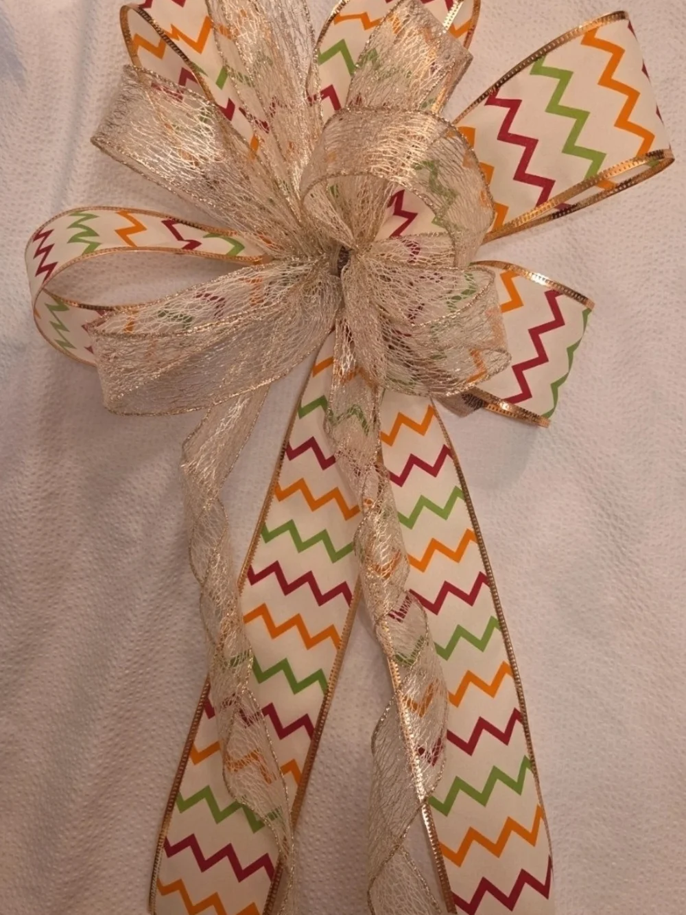 Festive Chevron Ribbon Bow with Gold Mesh Accent - Multicolor